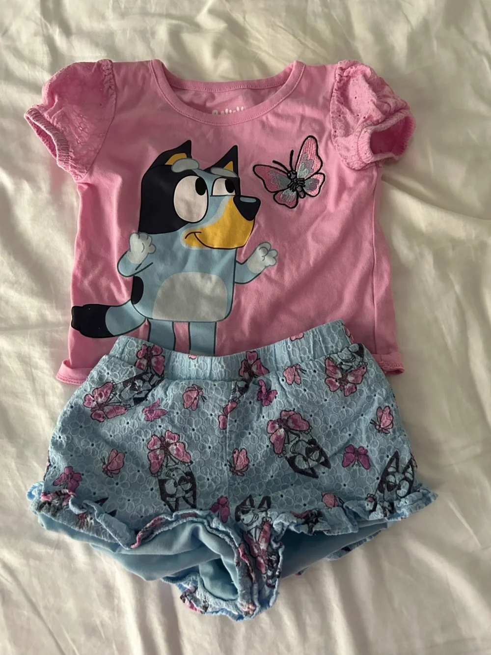 Pink Bluey Tee and Light Blue Floral Shorts Set with lace detail